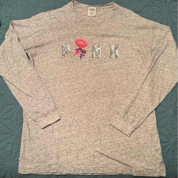 Victoria's Secret PINK Heather Gray long sleeve sequins Tee Small S - Picture 1 of 4